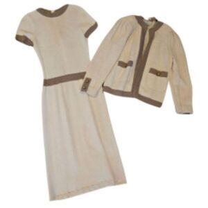 Vtg 1970s Pat Sandler Knit Set - dress & cardigan cream brown gold buttons S/M